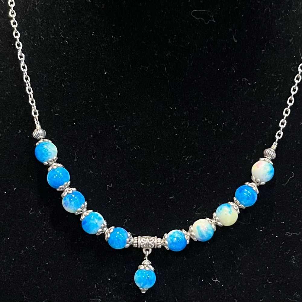 Boho Celestial Blue Marbled Bead Necklace Silver Tone Chain Romantic Heart Clasp